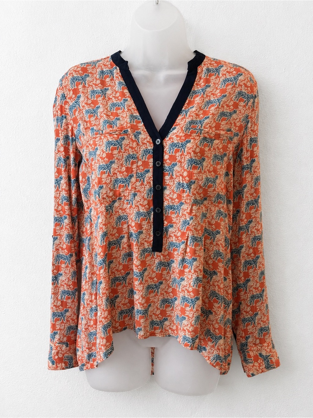 Vanessa Virginia Anthropologie Blouse 4 Tiger Print Roll Tab Rayon